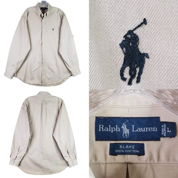 Polo Ralph Lauren Shirt Vtg Mens L Oxford Plaid Blake Button Down LS Tan Khaki - Picture 1 of 10